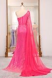 Atemberaubendes Meerjungfrauen-One-Shoulder-Fuchsia-Pailletten-langes Ballkleid mit Schlitz