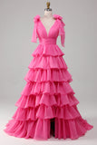 Prinzessin A-Linie V-Ausschnitt fuchsiafarbenes Ballkleid mit Schlitz