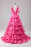 Prinzessin A-Linie V-Ausschnitt fuchsiafarbenes Ballkleid mit Schlitz