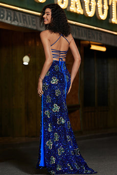 Glitzerndes Meerjungfrauen-Spaghettiträger-Kleid mit königsblauen Pailletten und gekreuztem Rücken