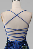 Königsblaues Meerjungfrauen-Spaghettiträger-Pailletten-Ballkleid mit Schlitz