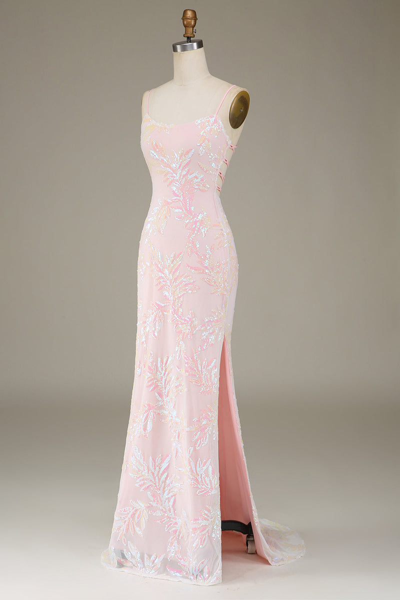 Laden Sie das Bild in den Galerie-Viewer, Meerjungfrau Sparkly Pink Ballkleid mit Schlitz