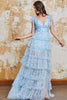 Laden Sie das Bild in den Galerie-Viewer, Prinzessin A Linie V-Ausschnitt Blaues langes Ballkleid mit Rüschenschlitz
