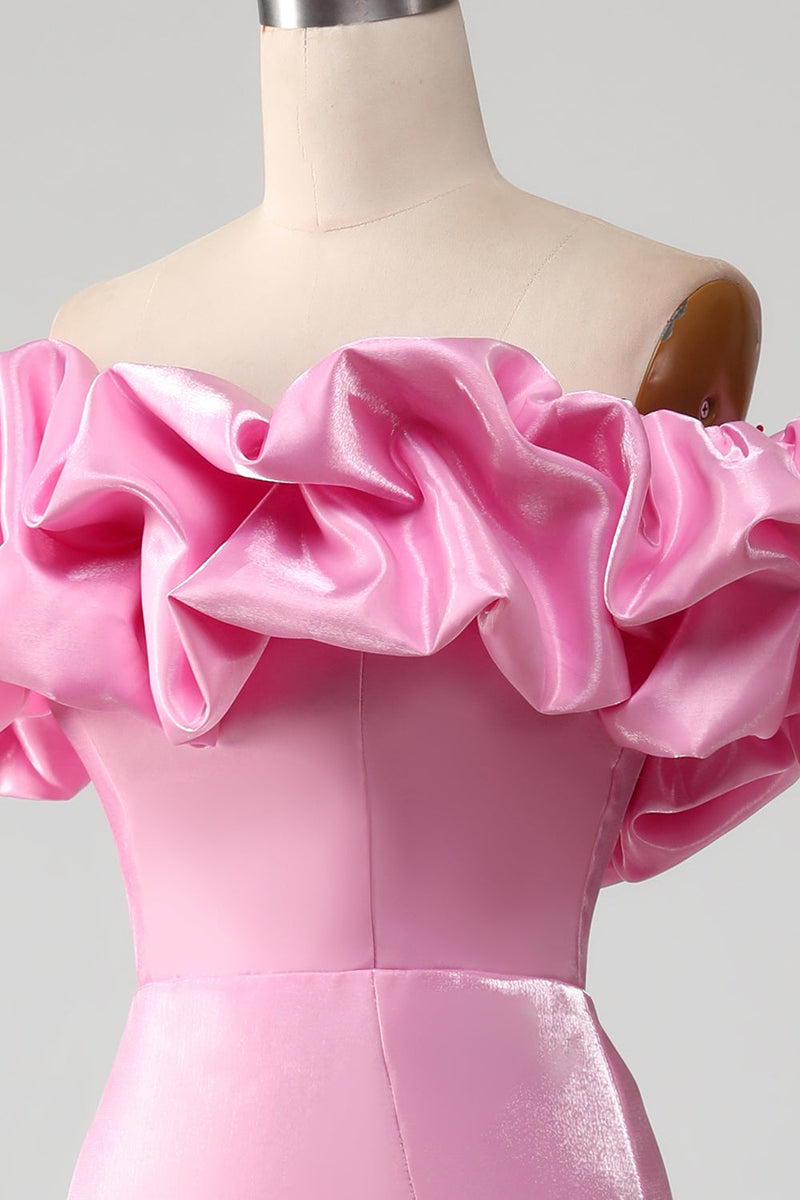Laden Sie das Bild in den Galerie-Viewer, Meerjungfrau schulterfreies rosafarbenes Ballkleid mit geteilter Vorderseite