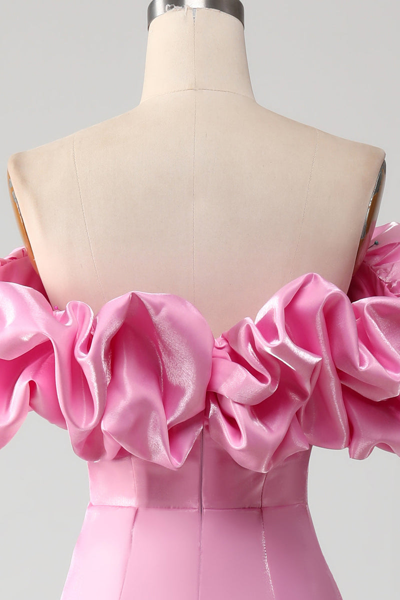 Laden Sie das Bild in den Galerie-Viewer, Meerjungfrau schulterfreies rosafarbenes Ballkleid mit geteilter Vorderseite