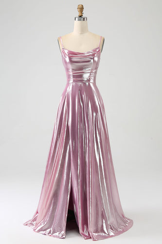 Atemberaubendes A-Linien-Spaghettiträger-Kleid mit rosa langem Ballkleid mit geteilter Vorderseite