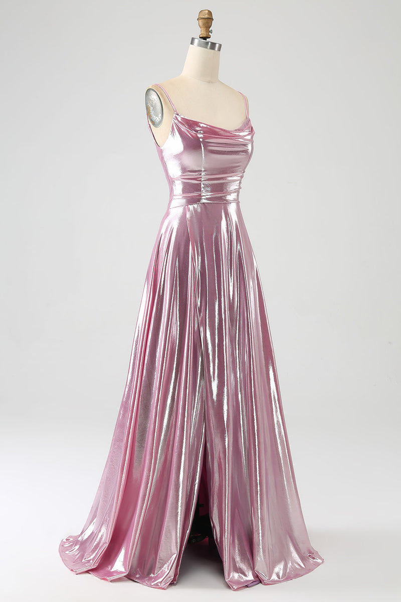 Laden Sie das Bild in den Galerie-Viewer, Atemberaubendes A-Linien-Spaghettiträger-Kleid mit rosa langem Ballkleid mit geteilter Vorderseite