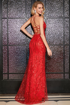 Glitzerndes Meerjungfrauen-Spaghettiträger-Kleid mit roten Pailletten und überkreuztem Rücken