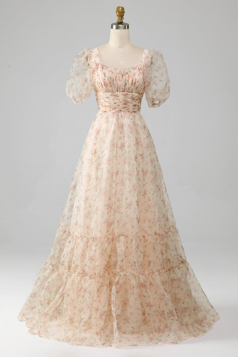 Laden Sie das Bild in den Galerie-Viewer, Champagnerfarbenes A-Linien-Kleid mit Blumenprint und Puffärmeln