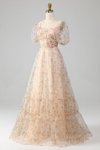 Champagnerfarbenes A-Linien-Kleid mit Blumenprint und Puffärmeln