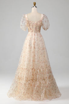 Champagnerfarbenes A-Linien-Kleid mit Blumenprint und Puffärmeln