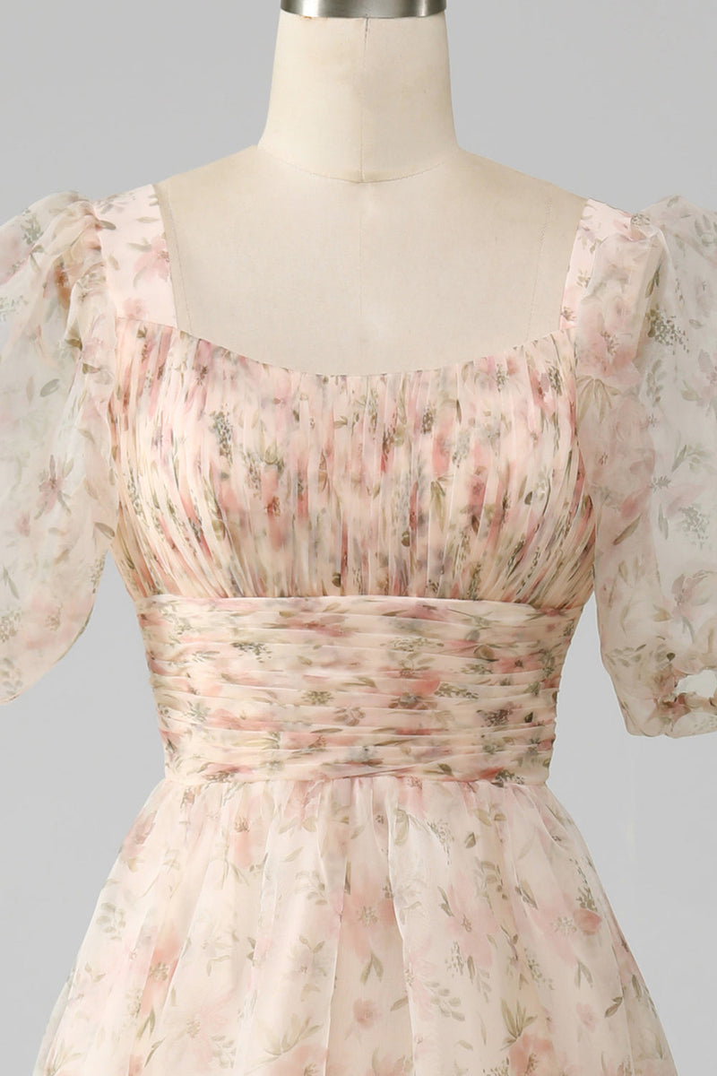 Laden Sie das Bild in den Galerie-Viewer, Champagnerfarbenes A-Linien-Kleid mit Blumenprint und Puffärmeln