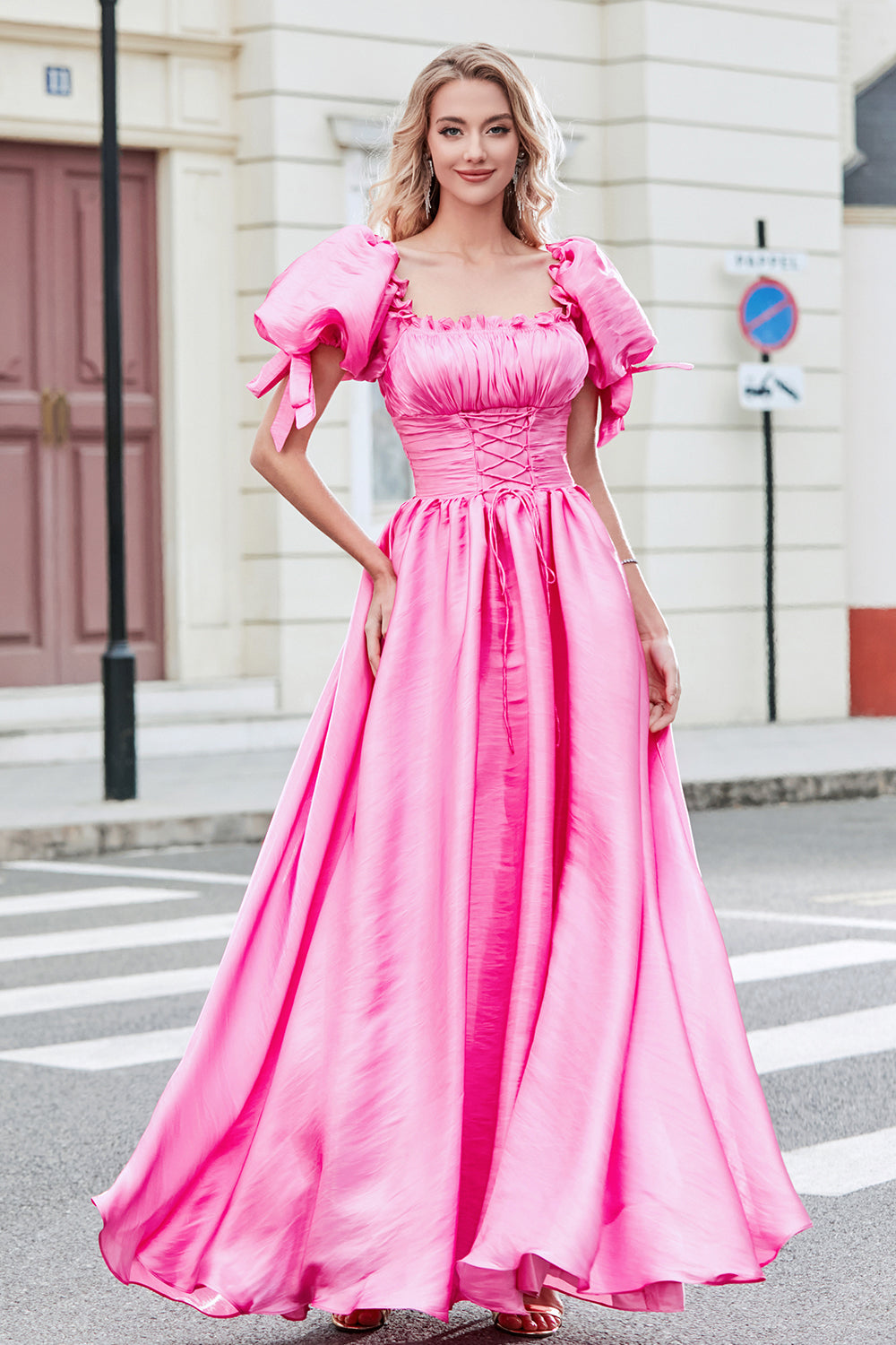 Princess A Line Pinkfarbenes langes Ballkleid mit quadratischem Ausschnitt und Puffärmeln