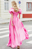 Laden Sie das Bild in den Galerie-Viewer, Princess A Line Pinkfarbenes langes Ballkleid mit quadratischem Ausschnitt und Puffärmeln
