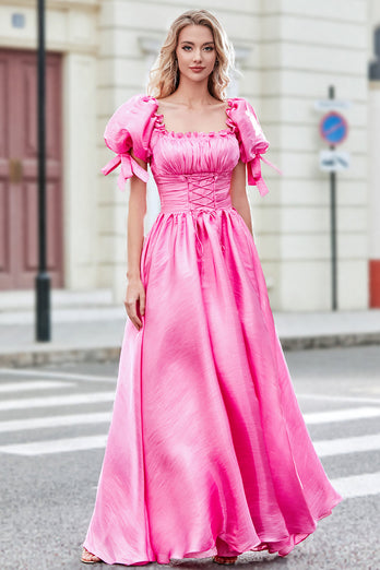 Princess A Line Pinkfarbenes langes Ballkleid mit quadratischem Ausschnitt und Puffärmeln