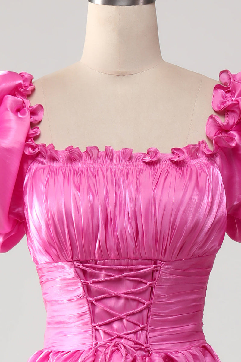 Laden Sie das Bild in den Galerie-Viewer, Pinkfarbenes Ballkleid mit Puffärmeln und Rüschen