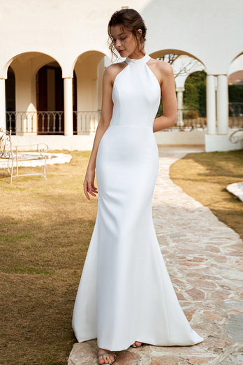 Weißes Meerjungfrau-Halter-Brautkleid mit offenem Rücken