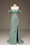 Dusty Salbei schulterfreies Chiffon-Plissee-langes Brautjungfernkleid
