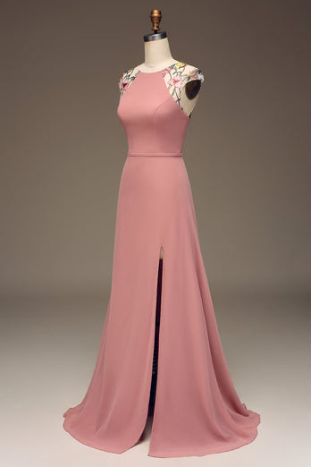 Dusty Rose Maxi-Brautjungfernkleid aus Chiffon und Stickerei in A-Linie