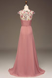 Dusty Rose Maxi-Brautjungfernkleid aus Chiffon und Stickerei in A-Linie