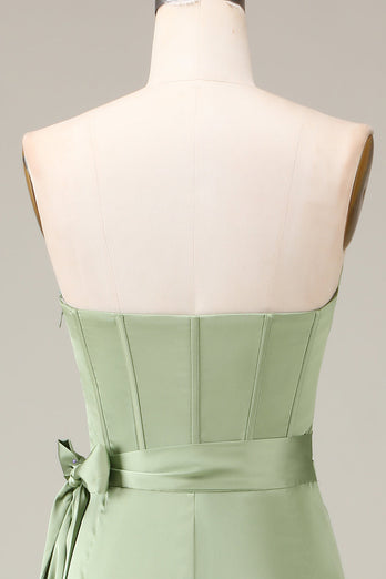 Matcha trägerloses Korsett aus Satin-Brautjungfernkleid in A-Linie mit Schlitz