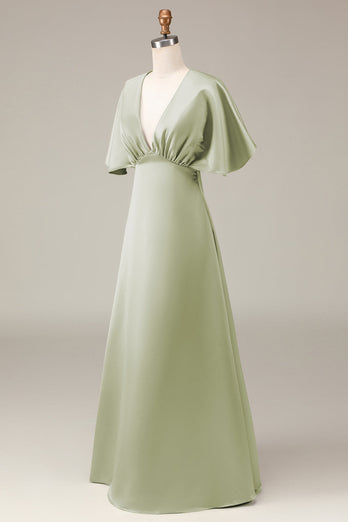 Dusty Sage Brautjungfernkleid aus Satin mit kurzen Ärmeln und V-Ausschnitt in A-Linie