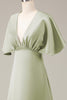 Laden Sie das Bild in den Galerie-Viewer, Dusty Sage Brautjungfernkleid aus Satin mit kurzen Ärmeln und V-Ausschnitt in A-Linie