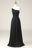 Schwarzes A-Linien-Chiffon-Brautjungfernkleid mit einer Schulter
