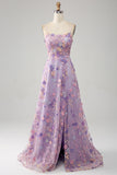 Mauve A-Linie Spaghettiträger Langes Ballkleid mit Applikationen