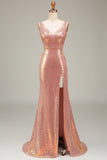 Glitzerndes pinkfarbenes Meerjungfrauen-Ballkleid mit Schlitz