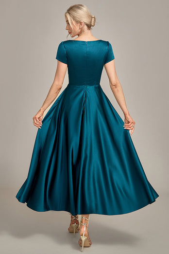 Pfauengrünes Satin-Kleid mit V-Ausschnitt und A-Linie, plissiertes Mutter-der-Braut-Kleid