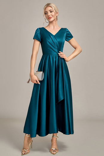 Pfauengrünes Satin-Kleid mit V-Ausschnitt und A-Linie, plissiertes Mutter-der-Braut-Kleid