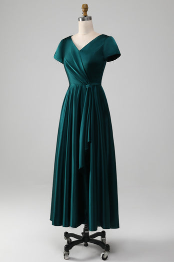 Pfauen-Satin-Kleid mit V-Ausschnitt und A-Linie Plissee-Mutter-der-Braut-Kleid