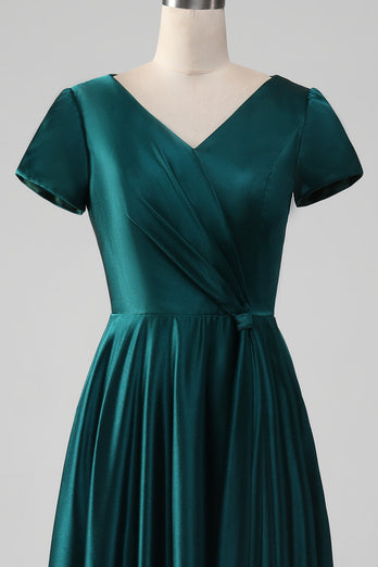 Pfauen-Satin-Kleid mit V-Ausschnitt und A-Linie Plissee-Mutter-der-Braut-Kleid