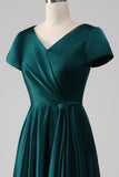 Pfauen-Satin-Kleid mit V-Ausschnitt und A-Linie Plissee-Mutter-der-Braut-Kleid