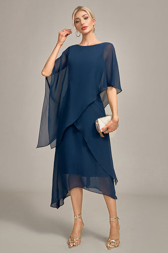 Marineblaues Chiffon-Kleid in A-Linie mit U-Ausschnitt für die Mutter der Braut