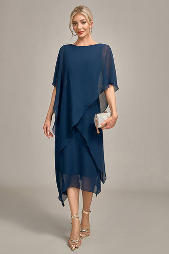 Marineblaues Chiffon-Kleid in A-Linie mit U-Ausschnitt für die Mutter der Braut