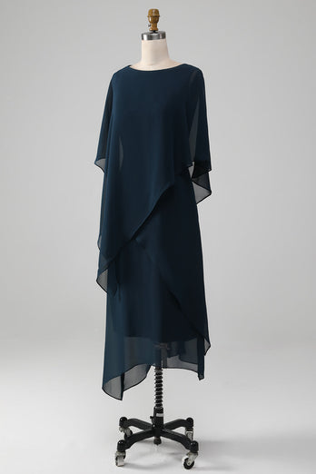 Marineblaues Chiffon-Kleid mit U-Ausschnitt und U-Ausschnitt für die Mutter der Braut