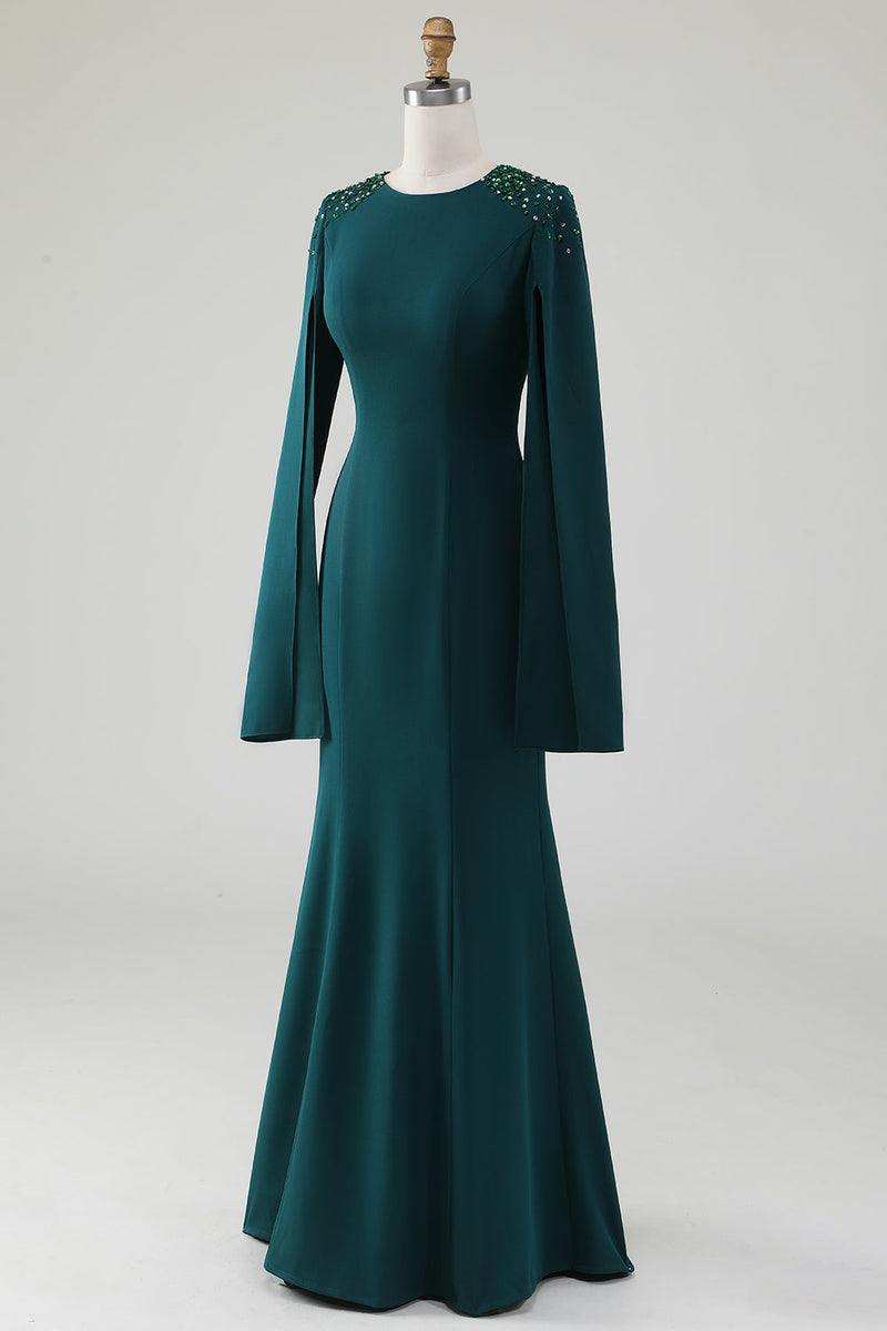 Laden Sie das Bild in den Galerie-Viewer, Dunkelgrünes Meerjungfrauen-Kleid mit Rundhalsausschnitt und perlenbesetzten Cape-Ärmeln