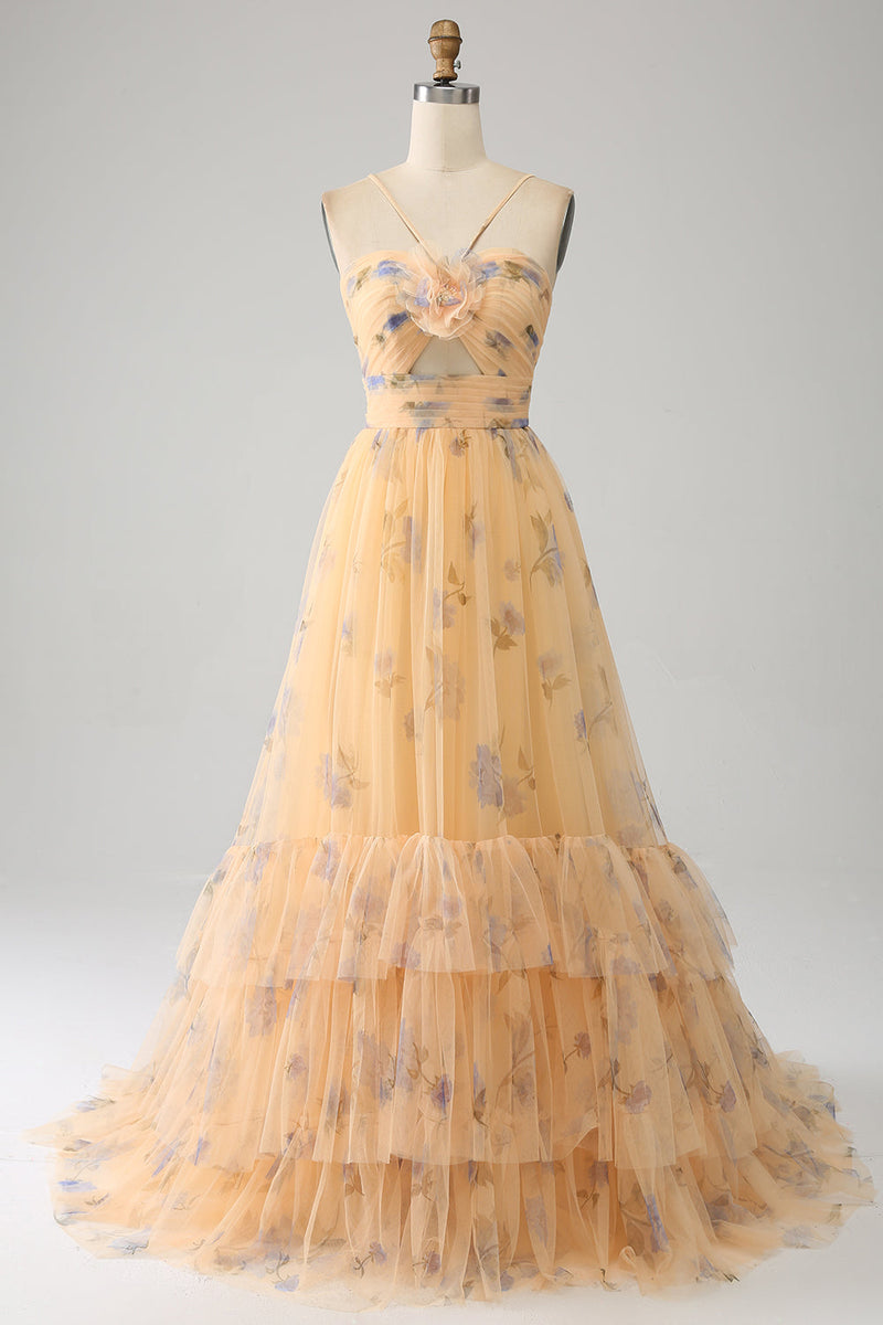 Laden Sie das Bild in den Galerie-Viewer, Gelbes A-Linien-Neckholder-Kleid aus plissiertem Tüll mit Stickerei