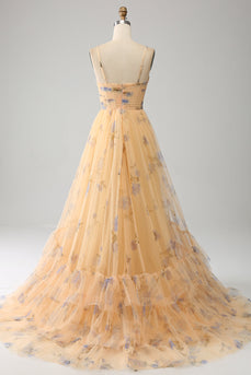 Gelbes A-Linien-Neckholder-Kleid aus plissiertem Tüll mit Stickerei