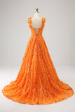 Orangefarbenes langes Ballkleid aus floraler A-Linie