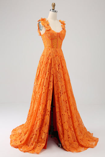 Orangefarbenes langes Ballkleid aus floraler A-Linie