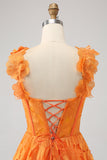 Orangefarbenes langes Ballkleid aus floraler A-Linie