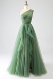 Dunkelgrünes Tüll-A-Linien-One-Shoulder-Kleid für den Abschlussball