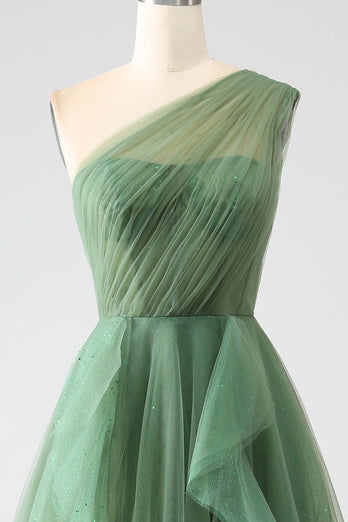 Dunkelgrünes Tüll-A-Linien-One-Shoulder-Kleid für den Abschlussball