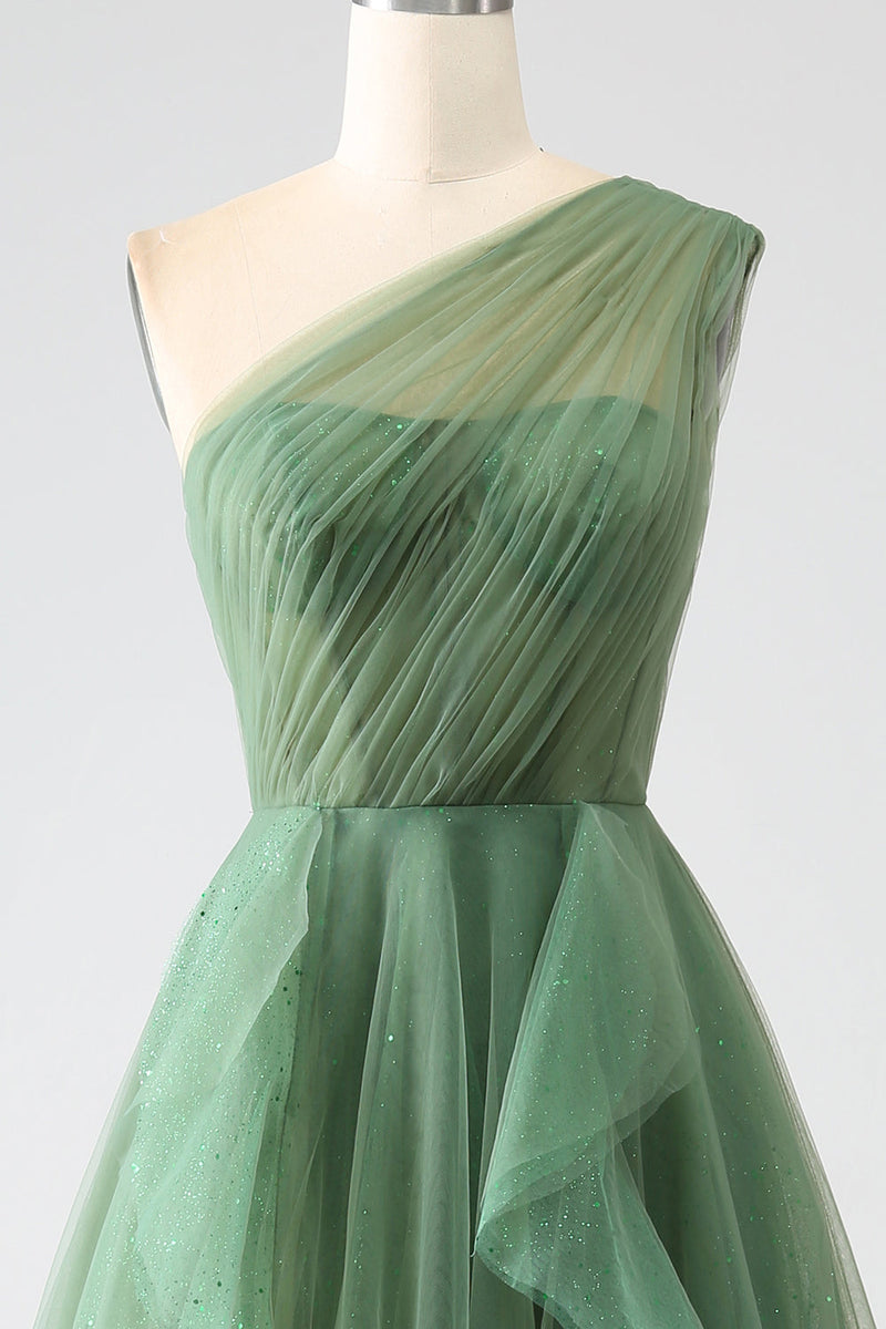 Laden Sie das Bild in den Galerie-Viewer, Dunkelgrünes Tüll-A-Linien-One-Shoulder-Kleid für den Abschlussball