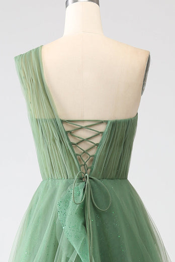 Dunkelgrünes Tüll-A-Linien-One-Shoulder-Kleid für den Abschlussball