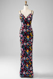 Schwarzes Blumen-Meerjungfrauen-Spaghettiträger-langes Ballkleid mit Stickerei