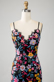 Schwarzes Blumen-Meerjungfrauen-Spaghettiträger-langes Ballkleid mit Stickerei